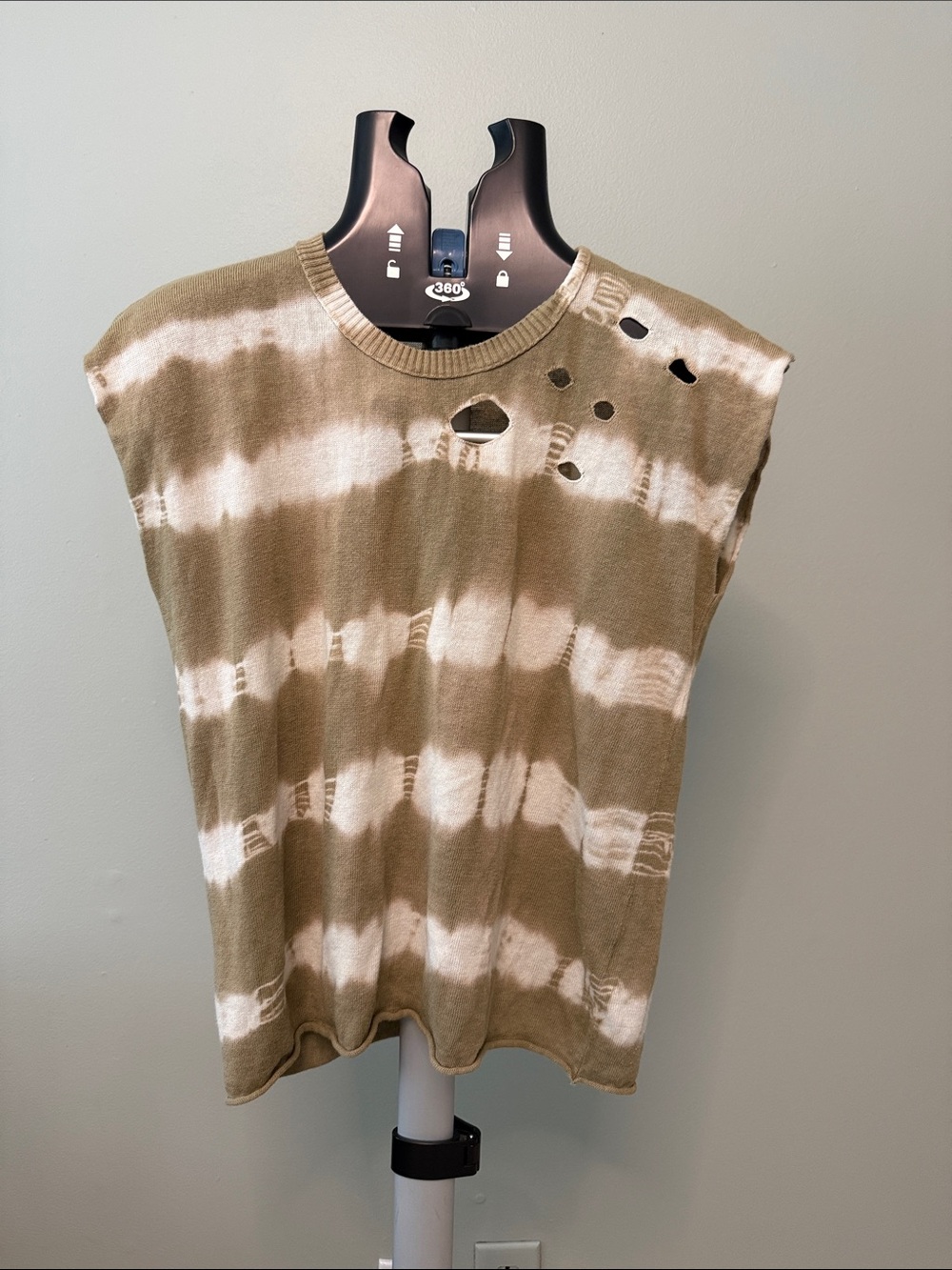 Sleeveless Olive Tie-Dye Knit Top with Distressed Details